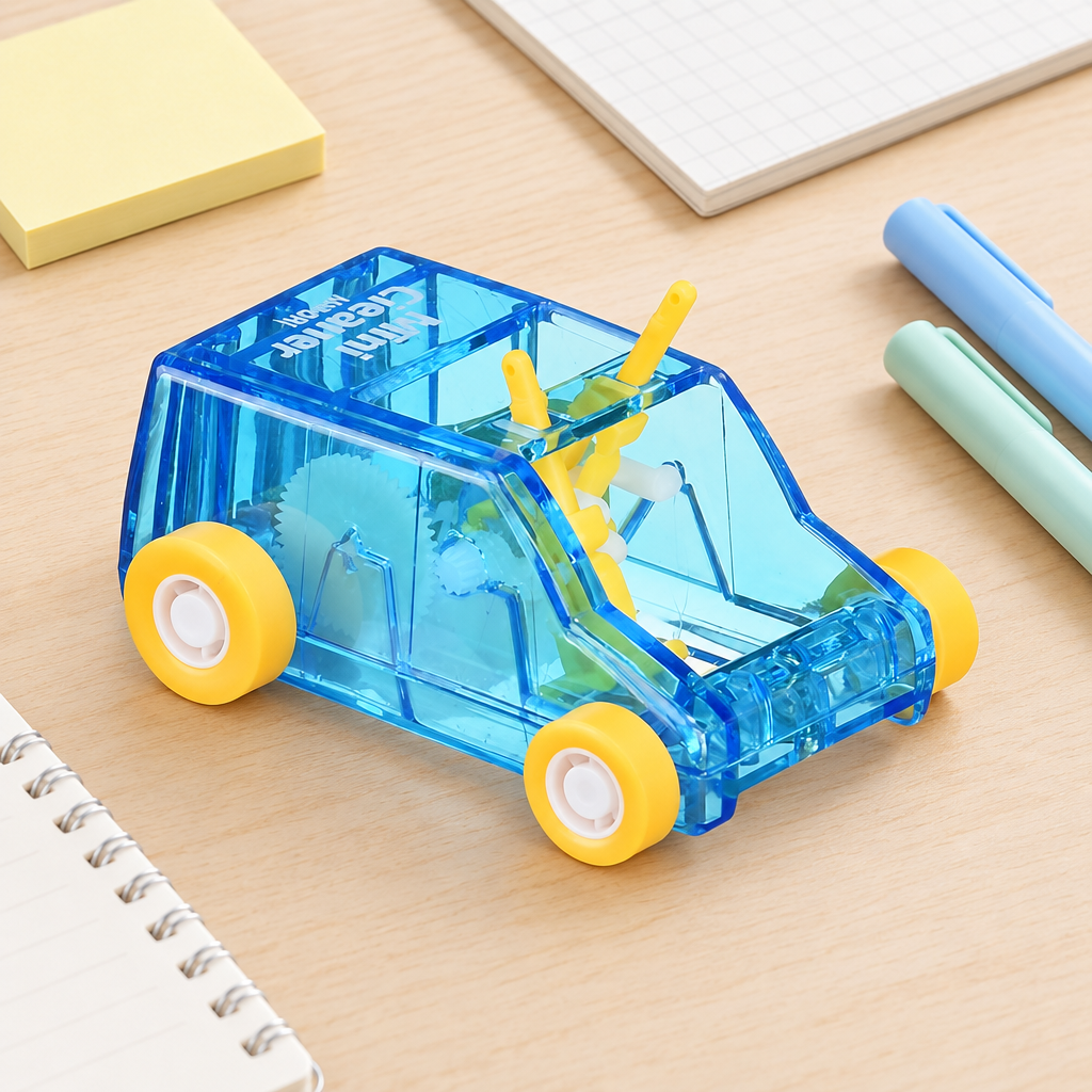 Midori Desktop Mini Cleaner and Dust Sweep, blue transparent, styled on a desk