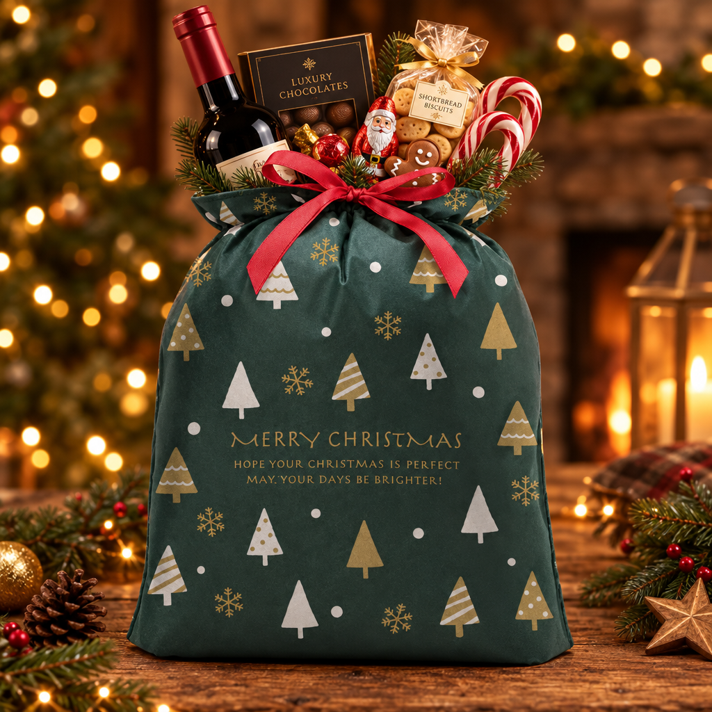 Large Christmas Tree Gift Bag filled as a Christmas hamper with wine and treats