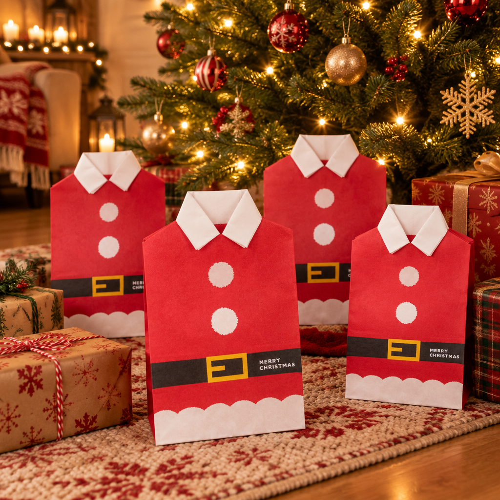 Santa Suit Christmas Gift Paper Bags under a Christmas tree
