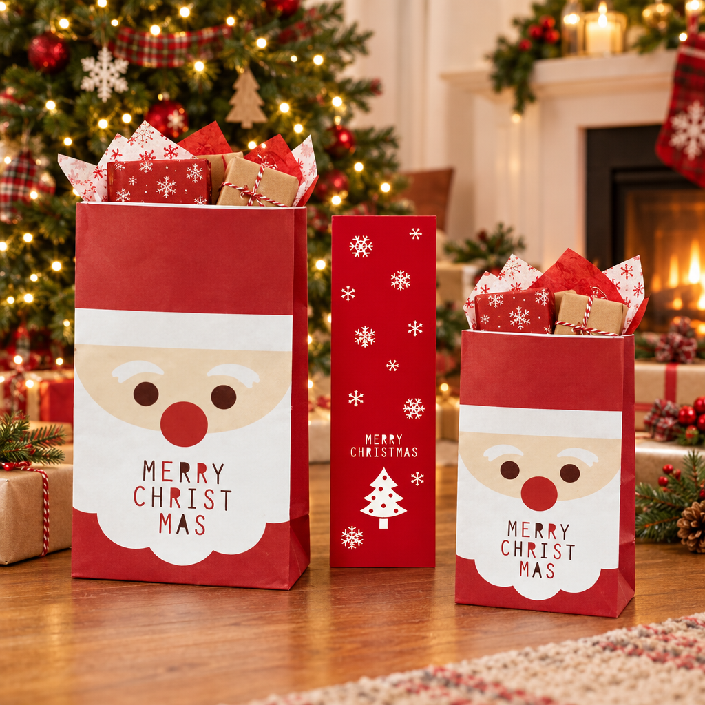 Small and large Happy Santa Christmas gift paper bags with presents peeking out