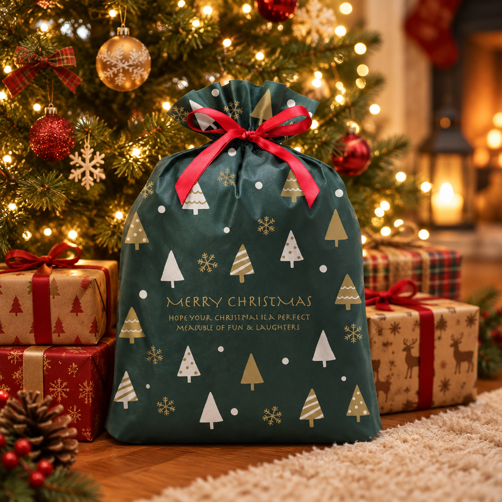 Large Christmas Tree Gift Bag under a Christmas tree with fairy lights