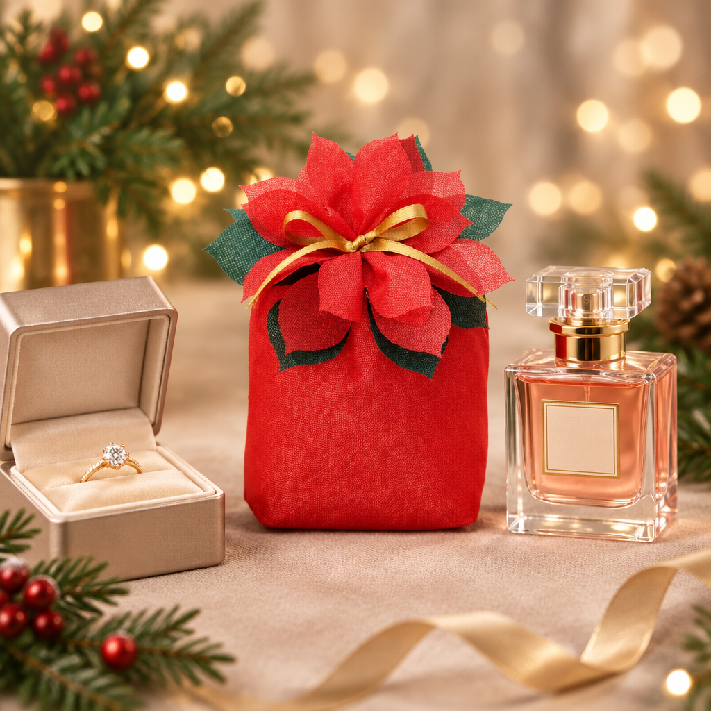 Small Poinsettia Christmas Gift Bag with jewellery and perfume