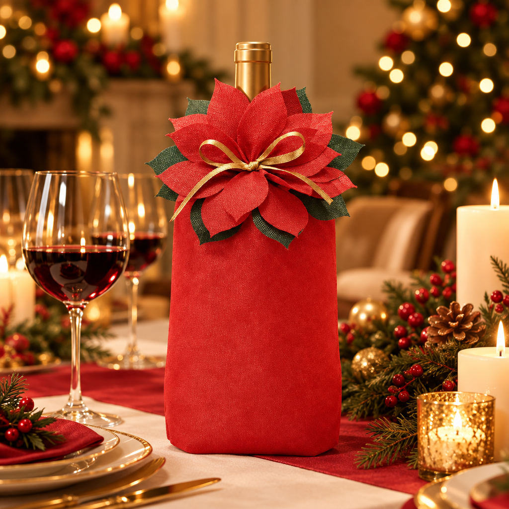 Large Poinsettia Christmas Gift Bag holding a wine bottle on a Christmas dinner table
