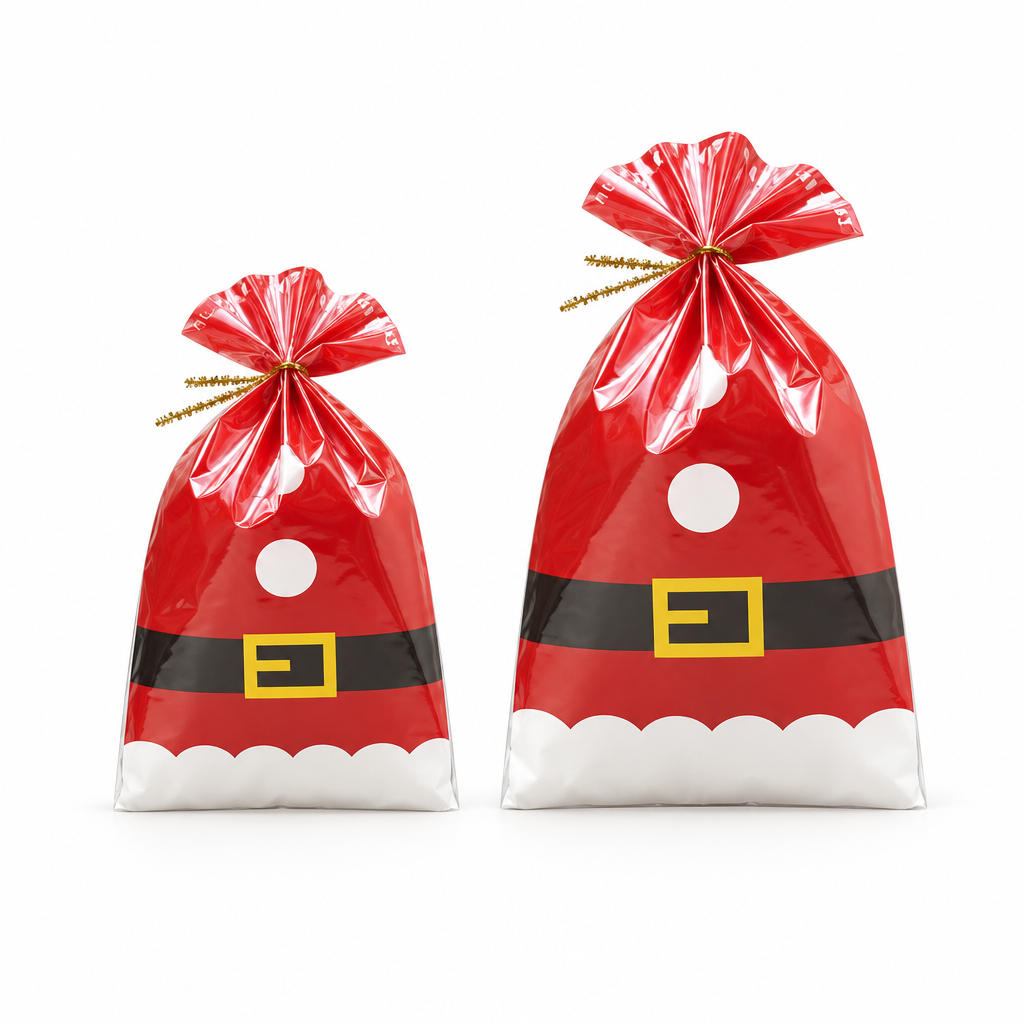 Santa Suit Cellophane Bags in Small and Large sizes side by side