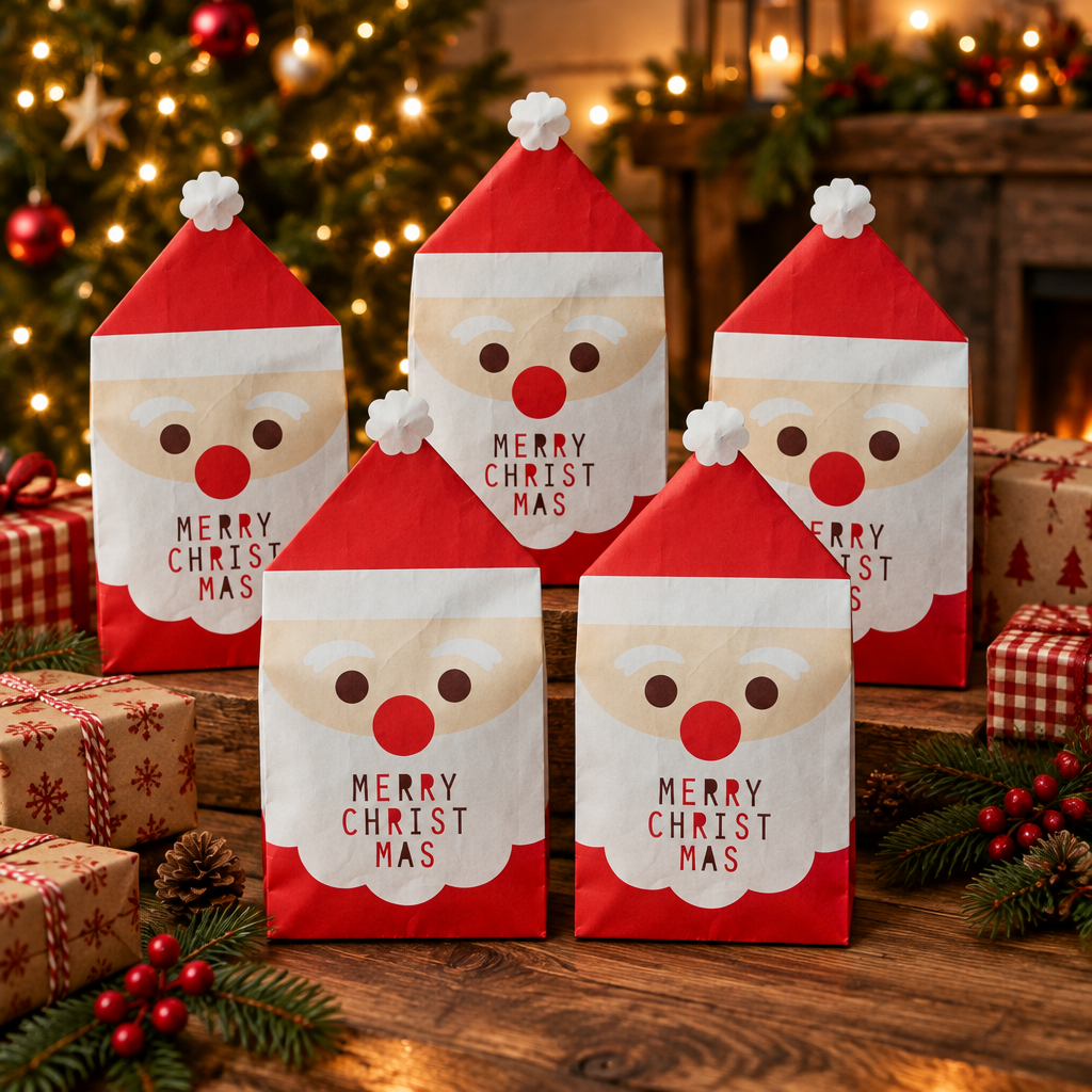 Happy Santa Christmas gift paper bags styled with wrapped presents on a wooden table