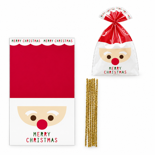 Christmas Cellophane Santa Face Bags with Gold Twist Tie on a white background