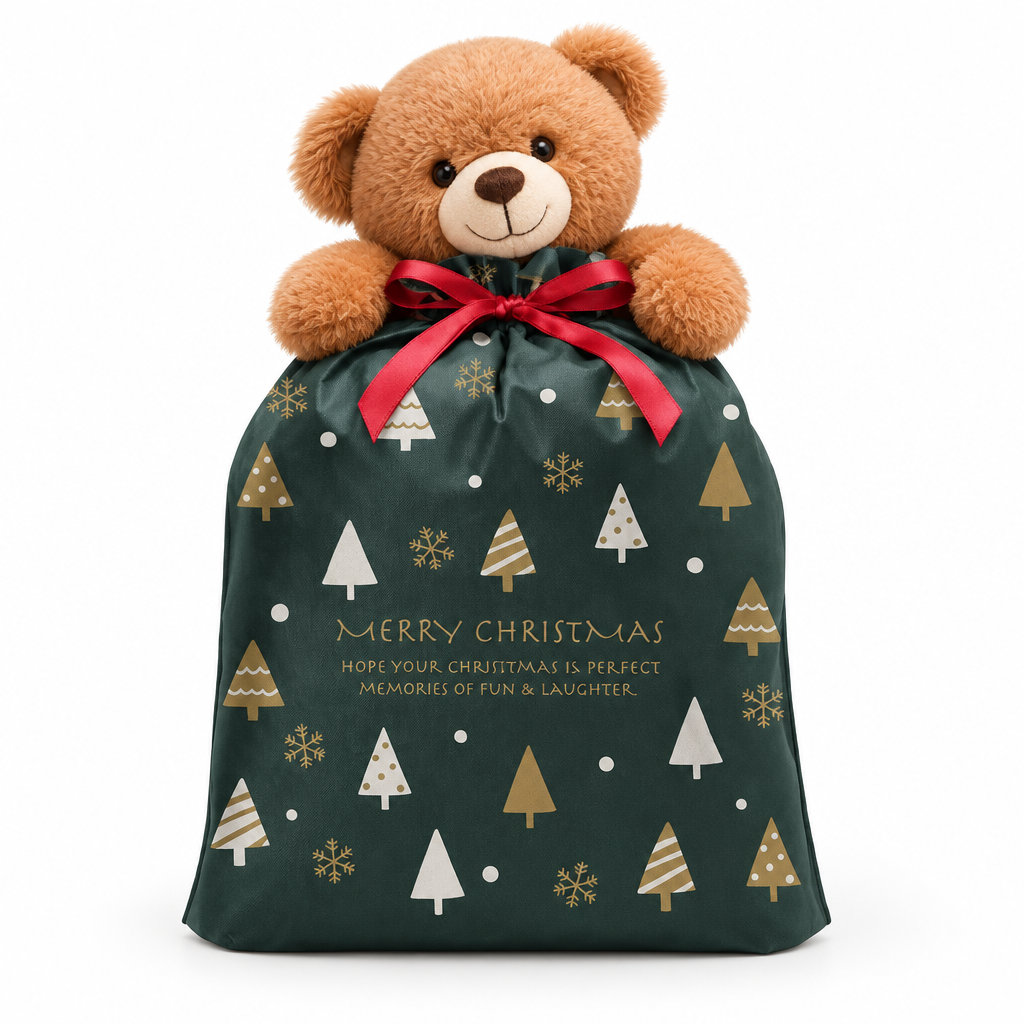 Large Christmas Tree Gift Bag with a teddy bear peeking out
