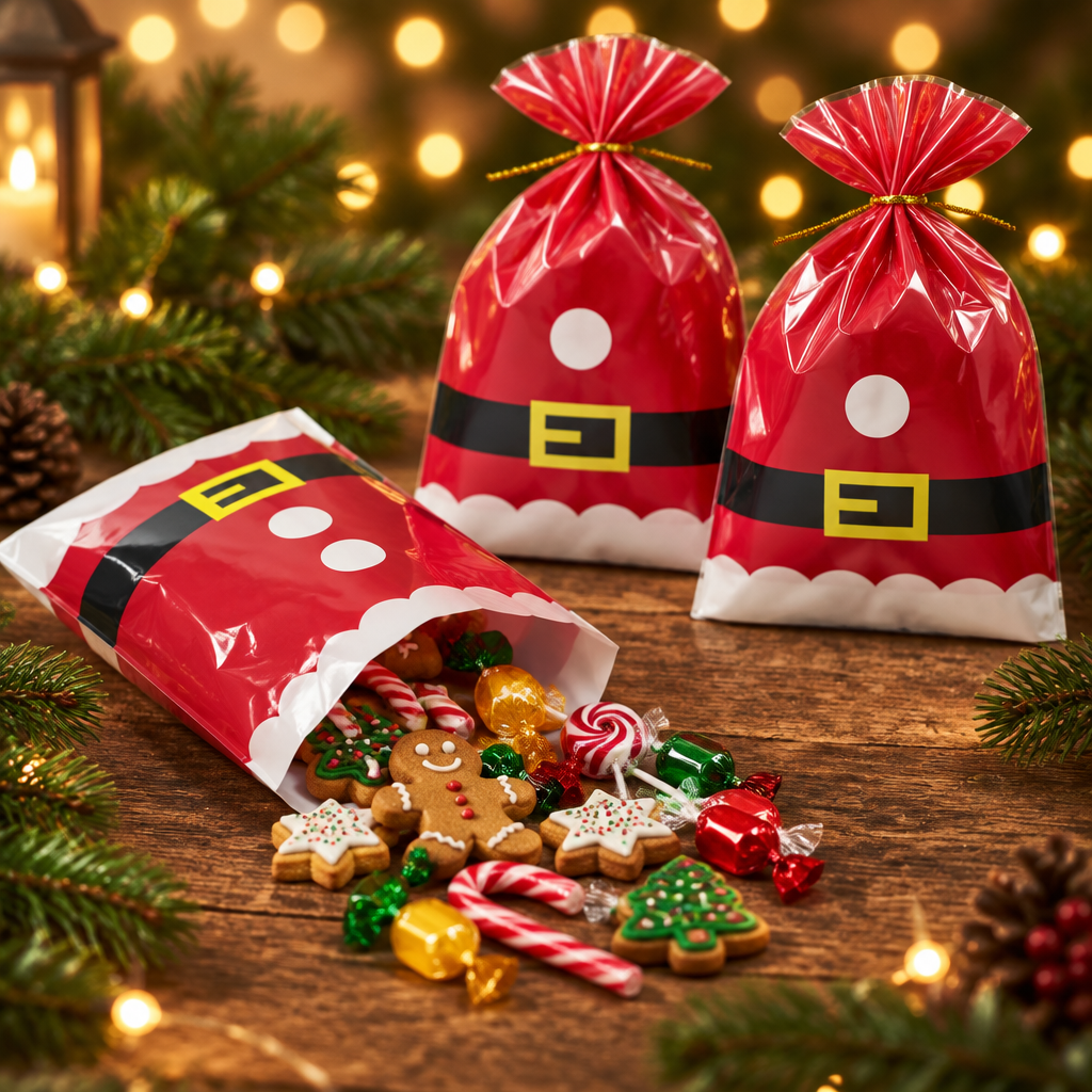 Santa Suit Cellophane Bag open with Christmas cookies and candy spilling out