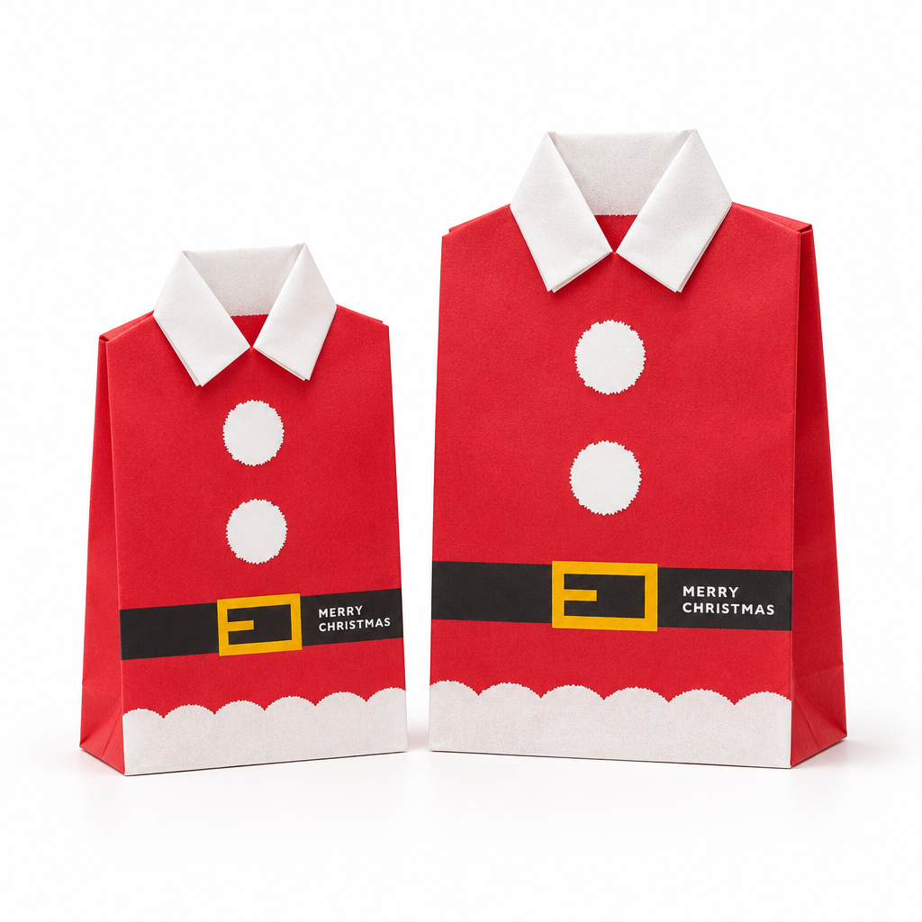 Santa Suit Christmas Gift Paper Bags in Small and Large sizes side by side