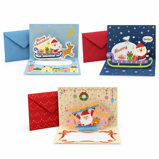 Mini Christmas Pop-up Cards in 3 Santa designs with envelopes